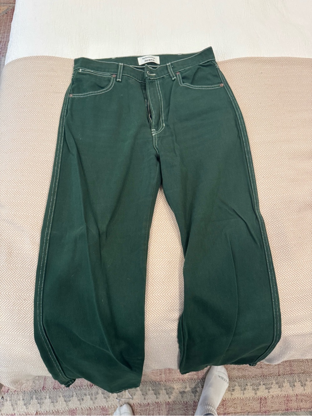 Reformation Forest Green Jeans with White Topstitching